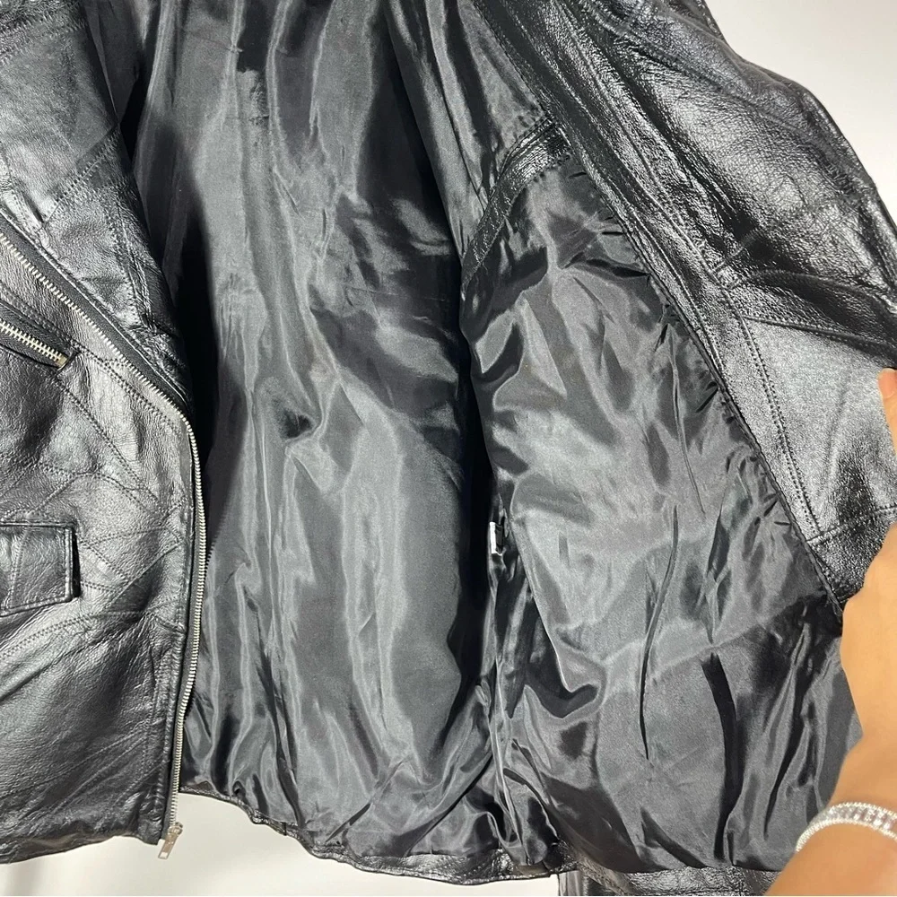 Biker Motorcycle Zip Leather Jacket Men’s Embroidered Eagle USA Size L  Black